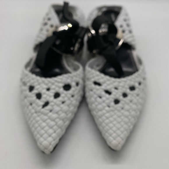 Proenza Schouler Woven Leather Mules Pointed Toe Silver Heel Black Bow - Picture 7 of 9